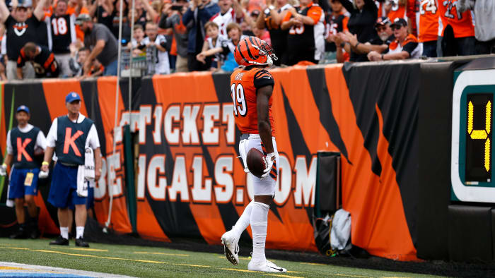 Bengals WR Auden Tate celebrates after scoring a TD against the Cardinals in Week 5.
